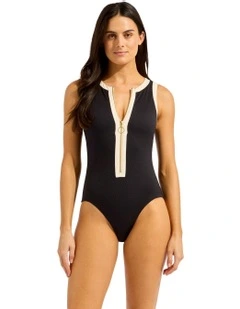 Bandwave Zip Front One Piece in Black