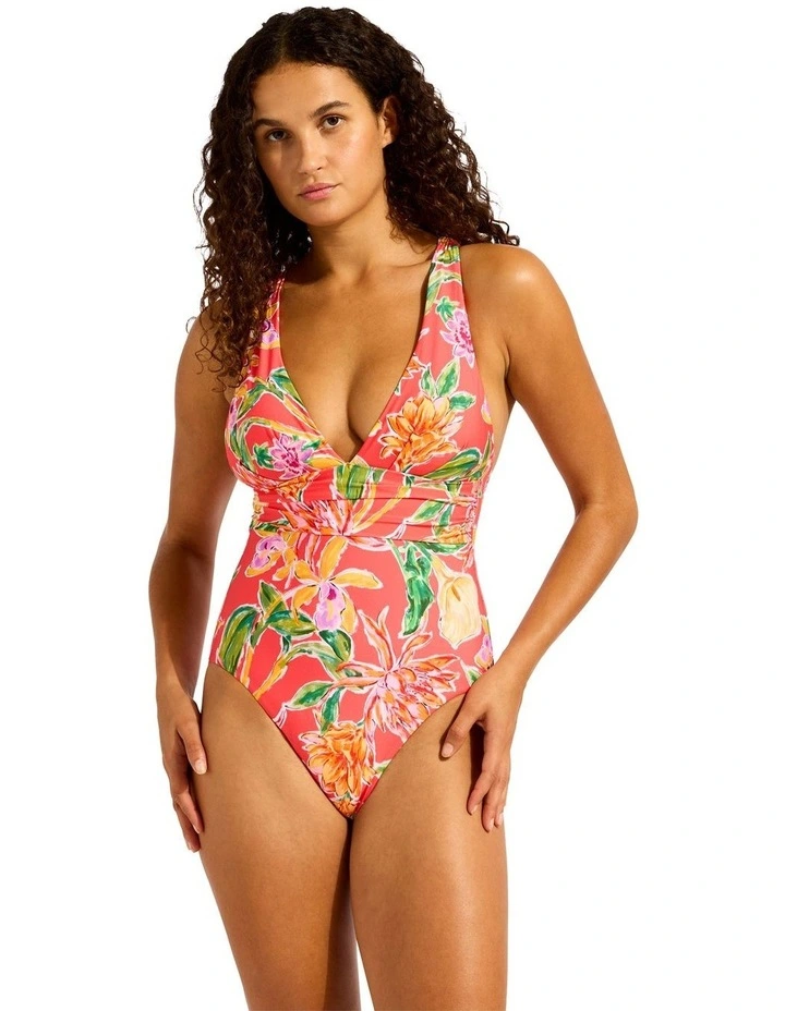 Hothouse Flowers Cross Back One Piece in Orange image 1