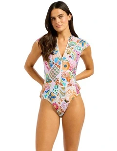 Beach Boheme Zip Front One Piece in Parfait Pink