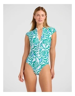 Retro Reef Cap Sleeve Zip Front One Piece in Kelly Green