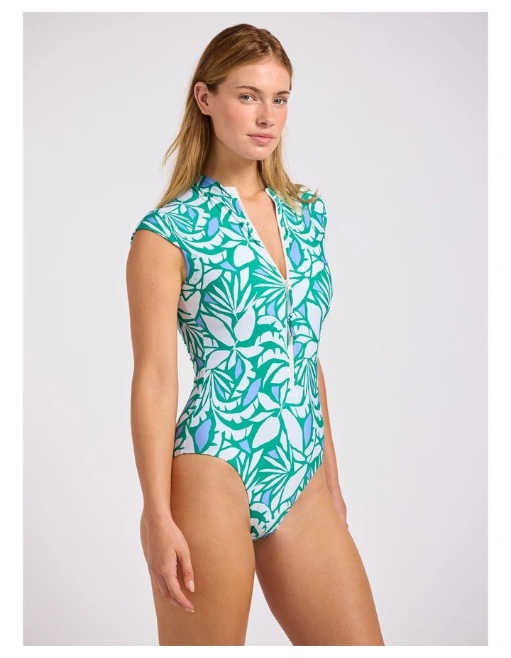 Retro Reef Cap Sleeve Zip Front One Piece in Kelly Green image 2