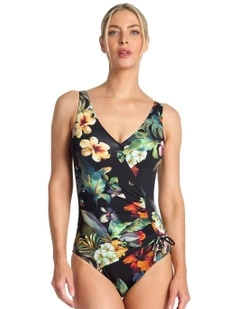 Hibiscus Gathered Surplice One Piece in Black