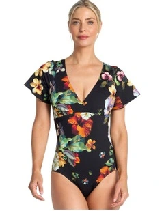 Hibiscus Flutter Sleeve One Piece in Black