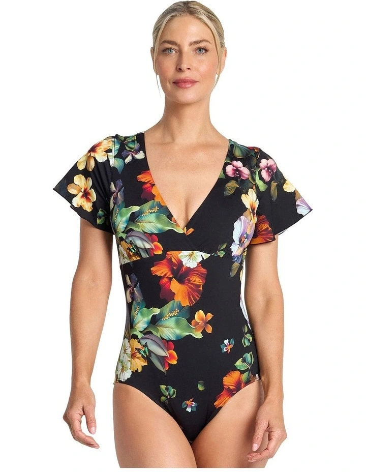 Hibiscus Flutter Sleeve One Piece in Black image 1