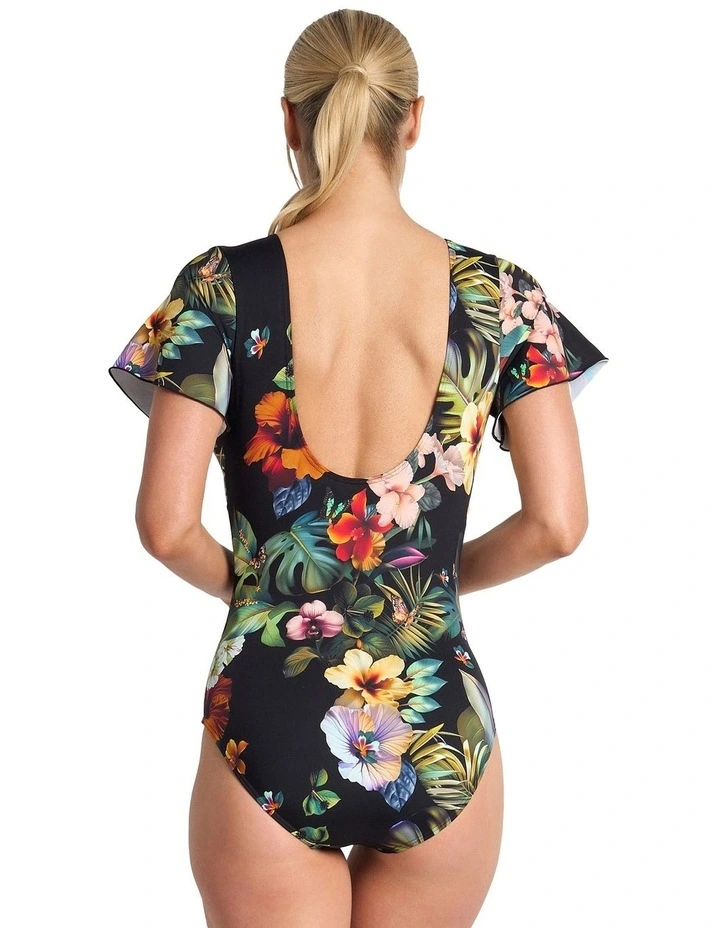 Hibiscus Flutter Sleeve One Piece in Black image 2