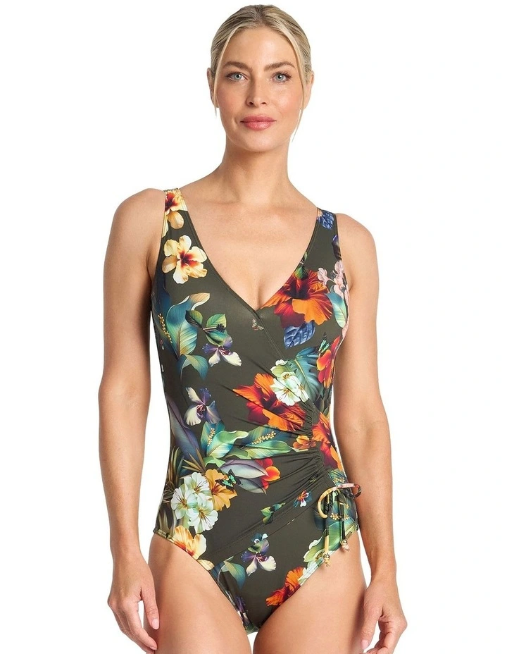 Hibiscus Gathered Surplice One Piece in Green image 1
