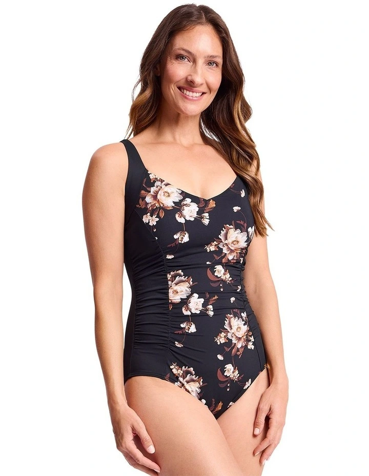 Hartland Ruched Front One Piece in Black and Pink Floral Print image 2