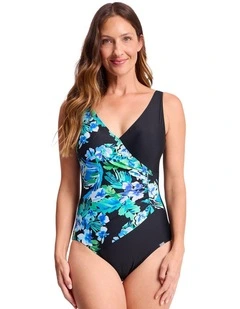 Jantzen Select Surplice One Piece in Black and Blue Floral Print