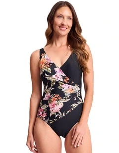 Jantzen Select Surplice One Piece in Black and Pink Floral Print