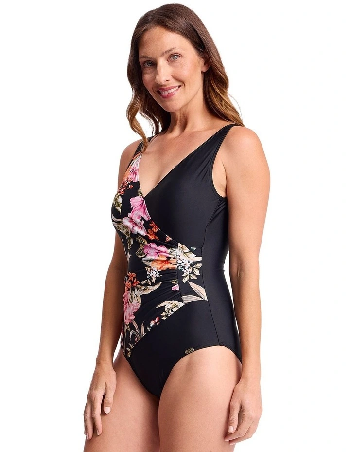 Jantzen Select Surplice One Piece in Black and Pink Floral Print image 2