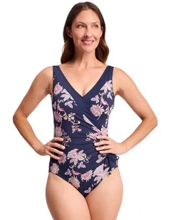 Saffron Gathered Surplice One Piece in Navy and Pink Floral Print