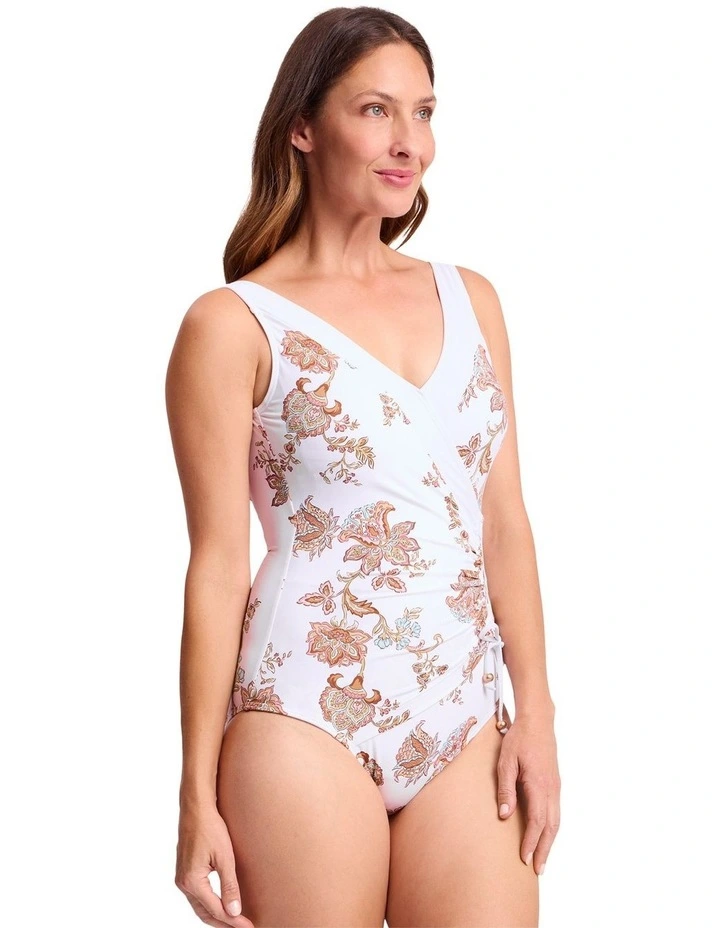 Saffron Gathered Surplice One Piece in White and Bronze Floral Print image 2