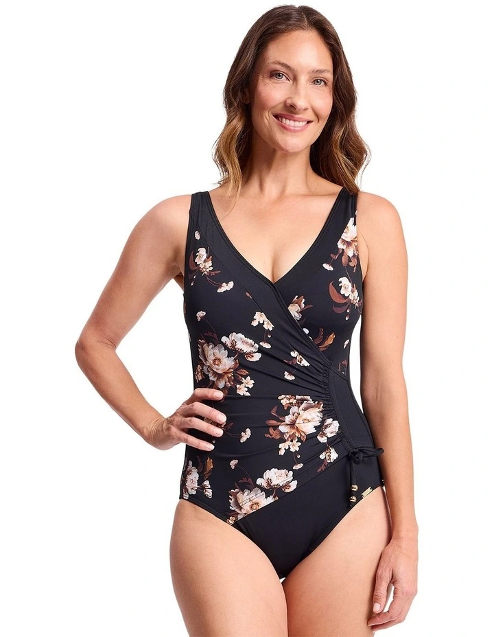 Hartland Gathered Surplice One Piece in Black and Pink Floral Print image 1