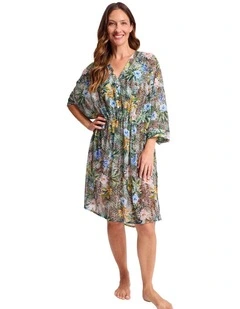 Tropica Gathered Midi Mesh Dress in Army Floral and Leopard Print