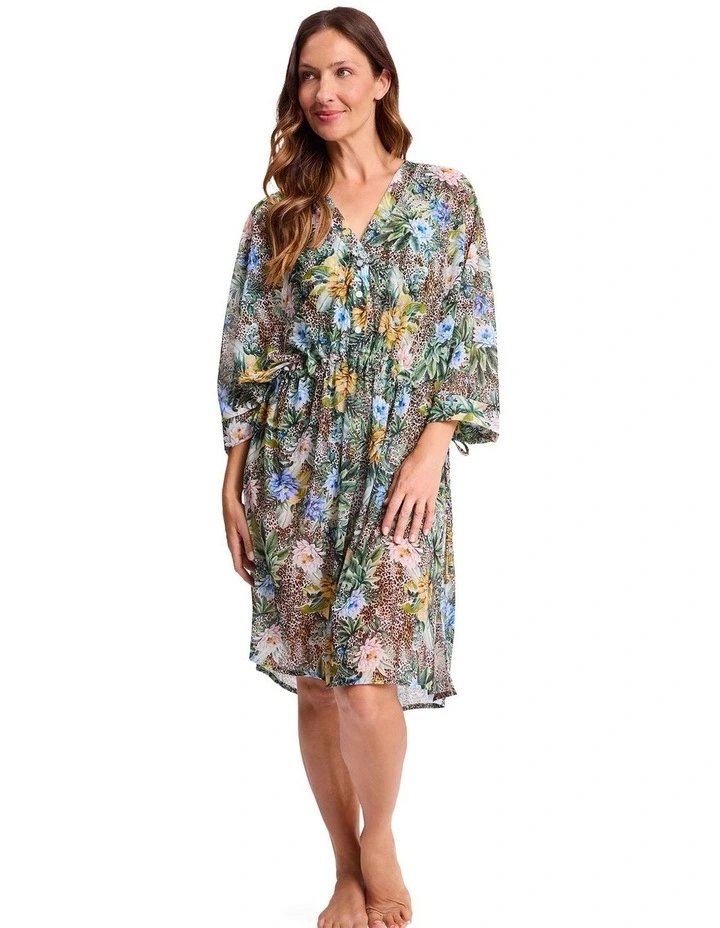 Tropica Gathered Midi Mesh Dress in Army Floral and Leopard Print image 2