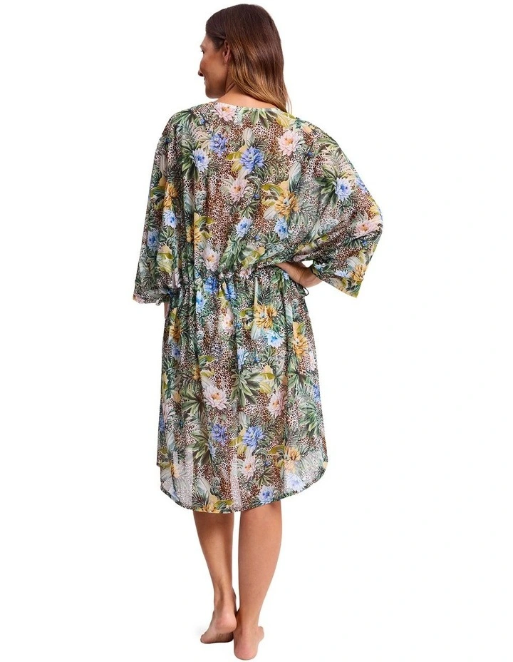 Tropica Gathered Midi Mesh Dress in Army Floral and Leopard Print image 3