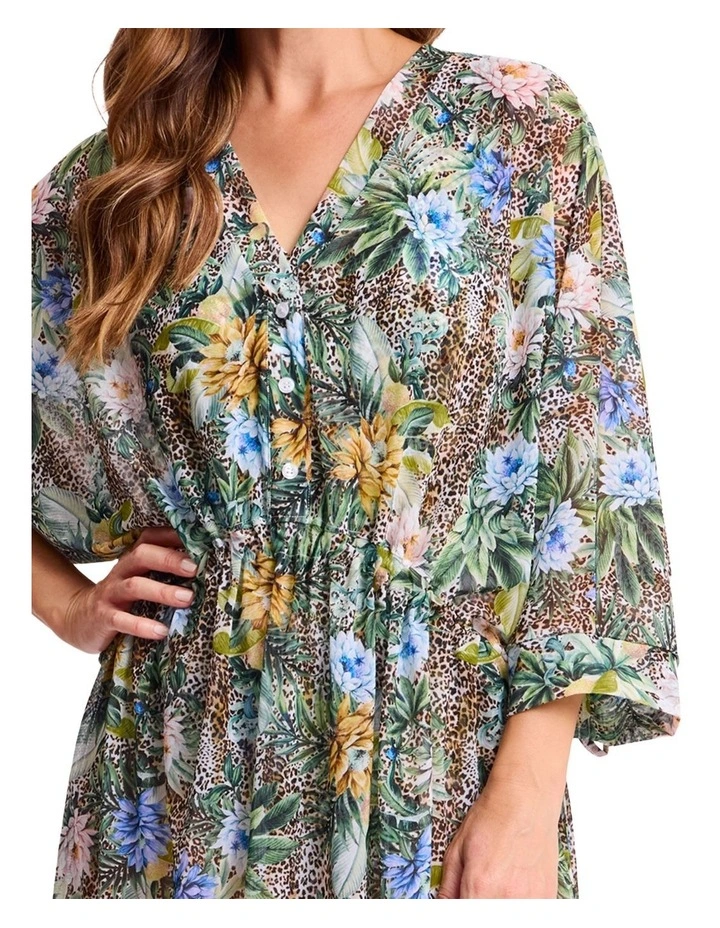 Tropica Gathered Midi Mesh Dress in Army Floral and Leopard Print image 4