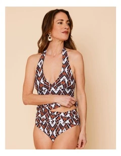Seashore Katie Ruched Cross Front Bikini Bottom in Blue Diamond Print
