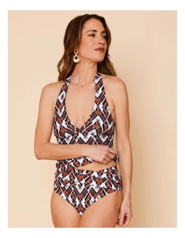 Seashore Katie Ruched Cross Front Bikini Bottom in Blue Diamond Print