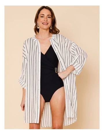 Mabel Overswim Shirt Dress in Black Pin Stripe Print
