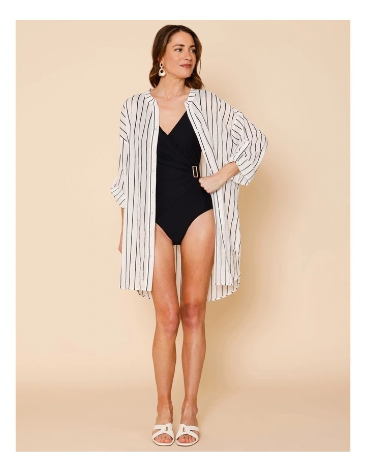 Mabel Overswim Shirt Dress in Black Pin Stripe Print image 6