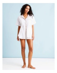 Sadie Crochet Overswim Shirt in Ivory/Beige