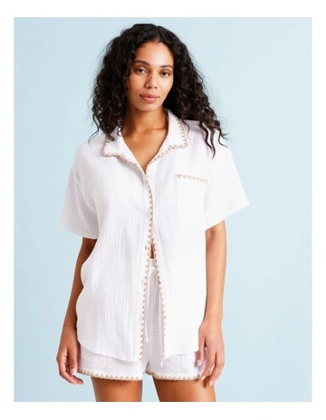 Sadie Crochet Overswim Shirt in Ivory/Beige