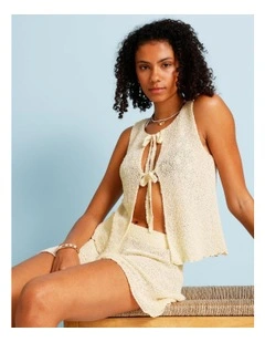 Tessa Crochet Tie Front Top in Ecru