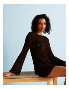 Cocoa Butter Crochet Overswim Dress in Coffee Bean