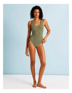 Olive Garden Riri Crinkle Swimsuit in Olive Stripe Y/D Print
