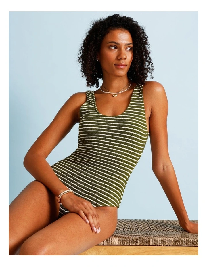 Olive Garden Riri Crinkle Swimsuit in Olive Stripe Y/D Print image 4