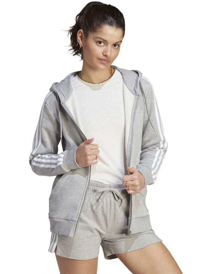 Essentials 3-Stripes Full-Zip Fleece Hoodie in Medium Grey Heather image 3