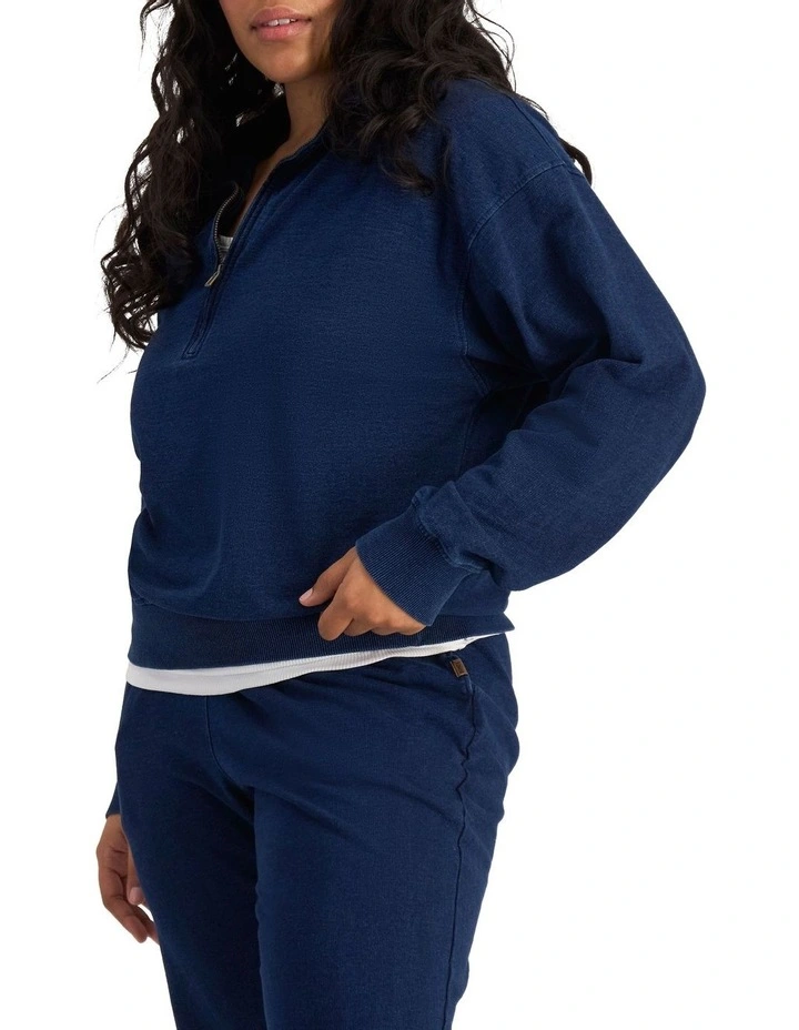 Denim Wash Half Zip Pullover in Sea Blue Denim image 3