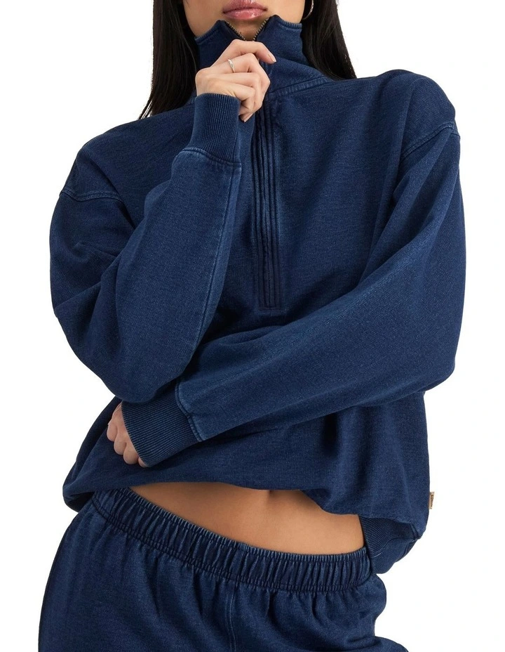 Denim Wash Half Zip Pullover in Sea Blue Denim image 5