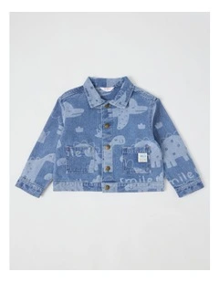 Paddy Laser Print Dinos Denim Workwear Jacket in Blue