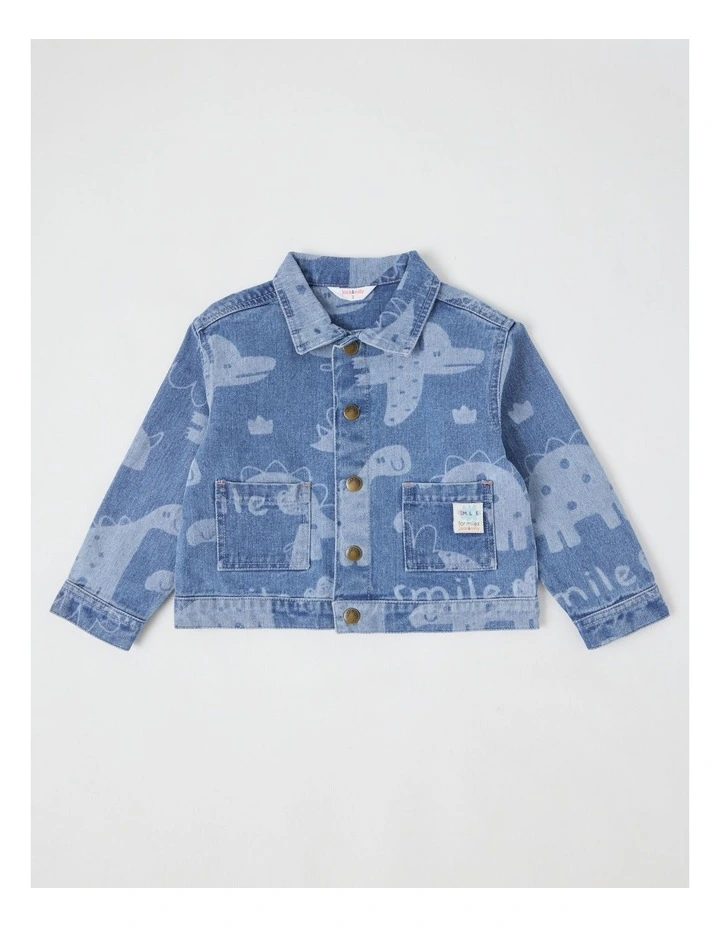 Paddy Laser Print Dinos Denim Workwear Jacket in Blue image 1