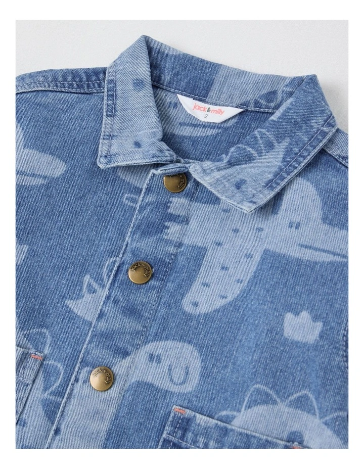 Paddy Laser Print Dinos Denim Workwear Jacket in Blue image 2