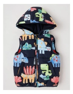 Sydney Reversible Recycled Puffer Vest with Sketchy Dino Print