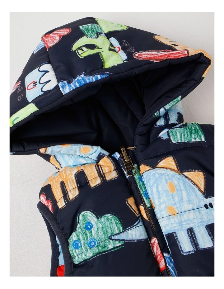 Sydney Reversible Recycled Puffer Vest with Sketchy Dino Print image 4