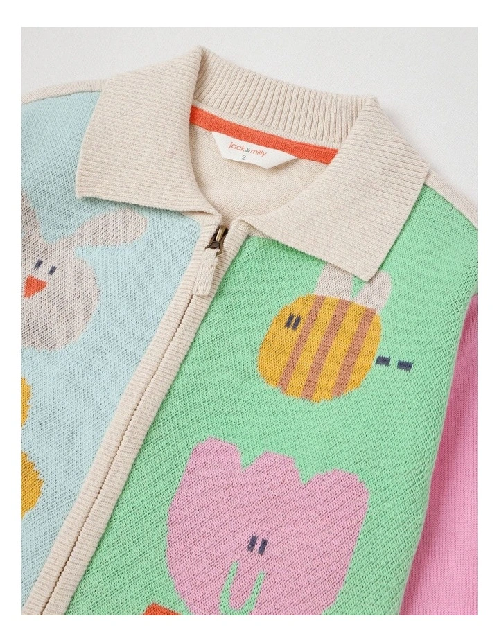 Jesse Knit Zip Through Cardigan with Character Motifs in Assorted image 2