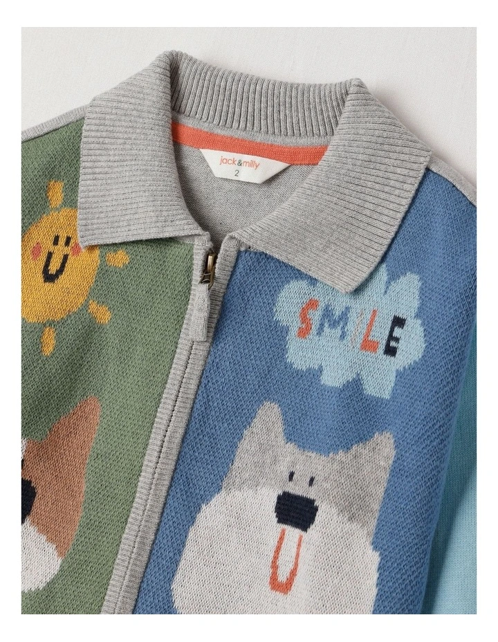 Jesse Knit Zip Through Cardigan with Character Motifs in Assorted image 2