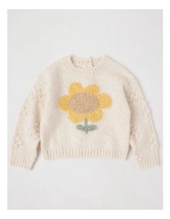 Roberta Knit Jumper with Intarsia Sunflower and Pointelle Sleeves in Oat Marle