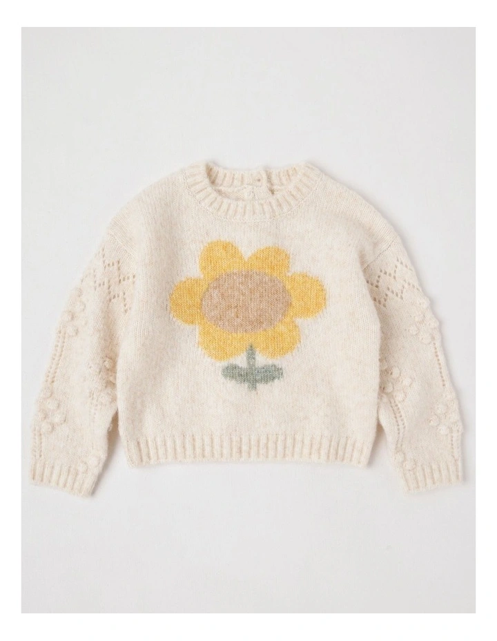 Roberta Knit Jumper with Intarsia Sunflower and Pointelle Sleeves in Oat Marle image 1