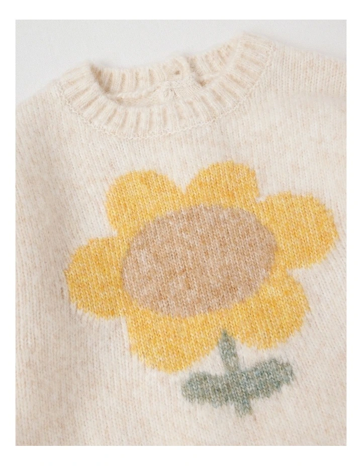 Roberta Knit Jumper with Intarsia Sunflower and Pointelle Sleeves in Oat Marle image 2