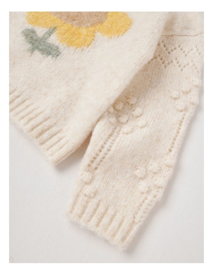 Roberta Knit Jumper with Intarsia Sunflower and Pointelle Sleeves in Oat Marle image 4