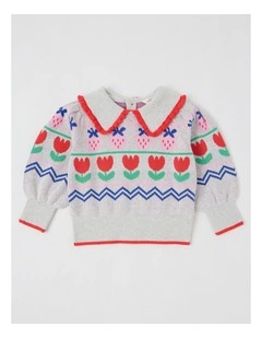 Maeve Strawberry Jumper with Ruffle Collar in Grey Marle