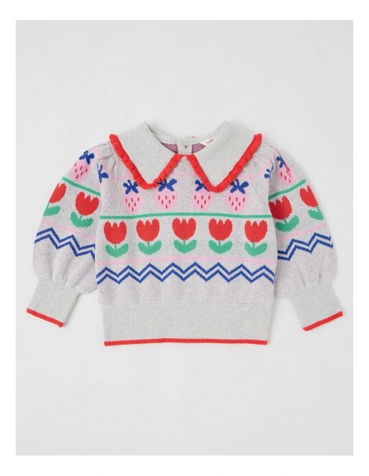 Maeve Strawberry Jumper with Ruffle Collar in Grey Marle image 1