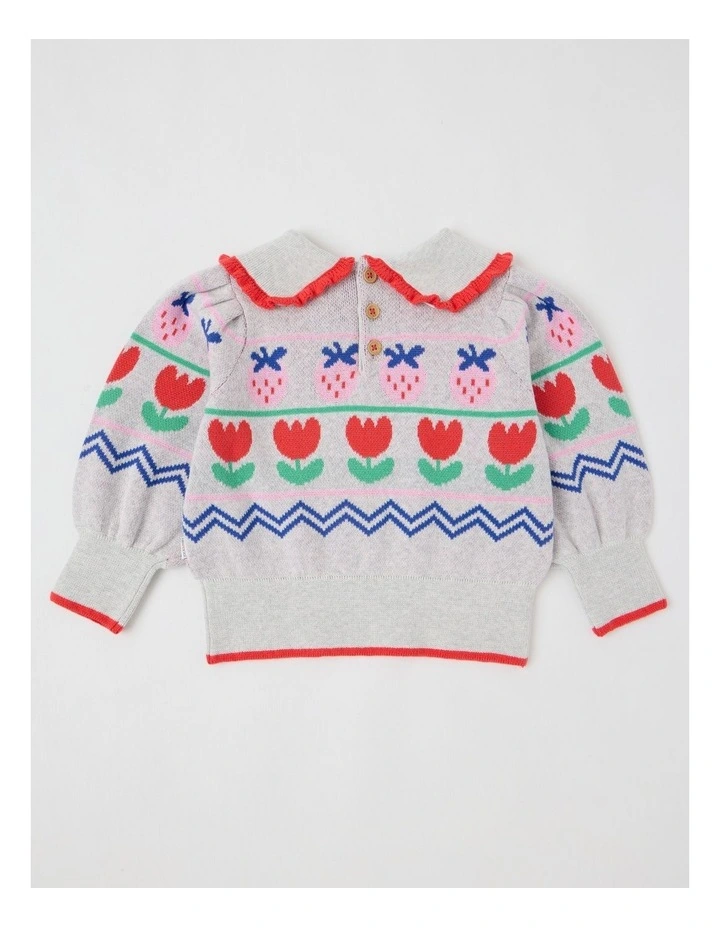 Maeve Strawberry Jumper with Ruffle Collar in Grey Marle image 3