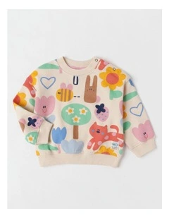 Essentials River Sweat Top with Happy Days Print in Oat Marle