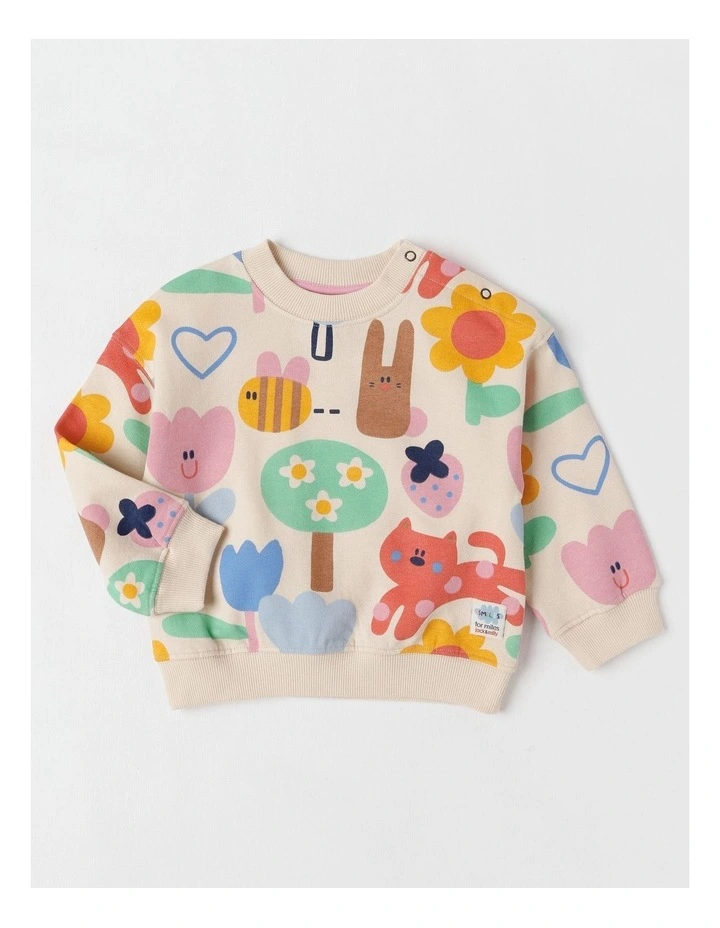 Essentials River Sweat Top with Happy Days Print in Oat Marle image 1